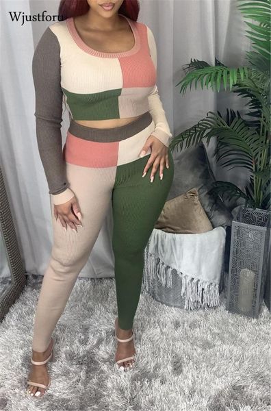 

wjustforu ribbing patchwork two piece set women fashion panelled crop high waist slim jogging pants 2020 winter outfits, Gray