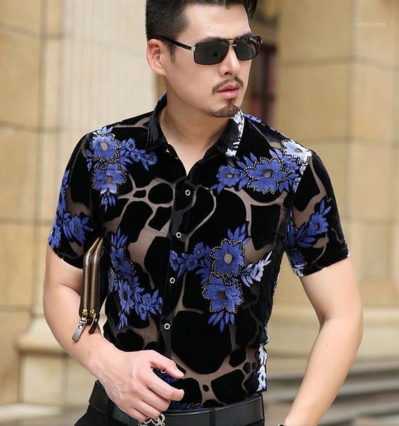 

men's casual shirts summer men's see through silk blue flower print transparent thin slim dress shirt1, White;black