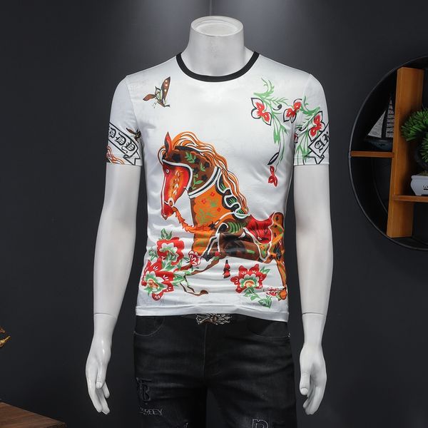 

2022 summer new casual shortsleeved tshirt printing trend cotton slim round neck clothes for men, White;black