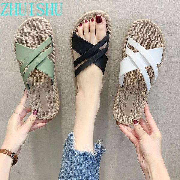 

slippers women's summer new style flat bottom fashion all-match out shopping shopping cool travel seaside beach sandals, Black