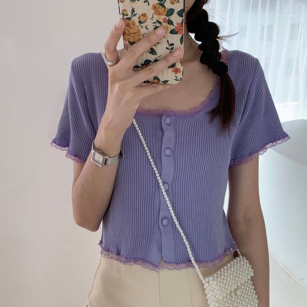 

2020 summer women lace design o-neck short sleeved purple cardigans crop cotton blend crop tee1, White