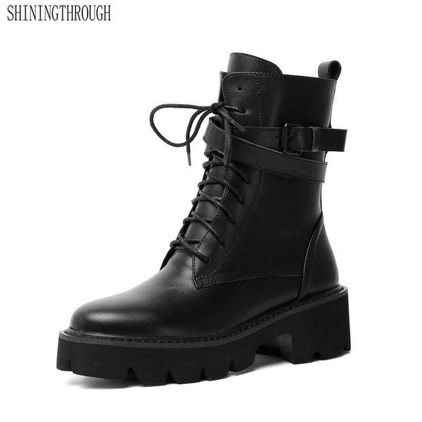 

boots fashion women ankle round toe autumn winter warm high heels shoes woman buckle punk patent leather motorcycle, Black