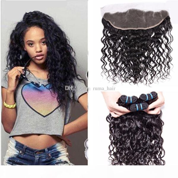 

new arrive curl wet wavy lace frontal bleached knots water wave 3 bundles with lace frontal natural wave lace frontal with bundles, Black;brown