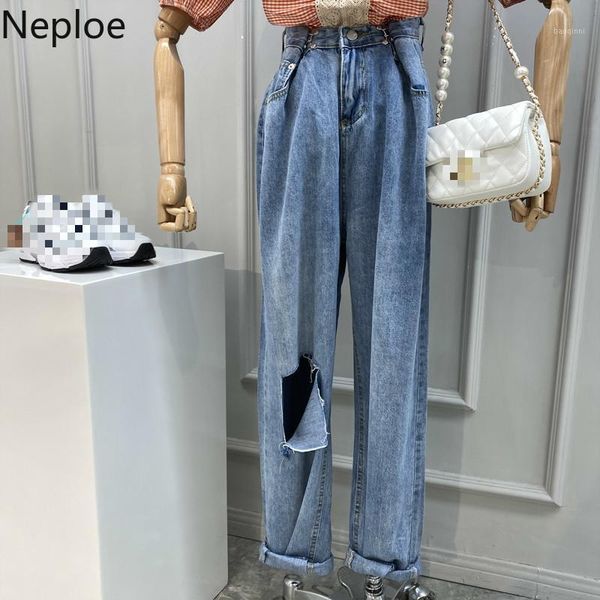 

neploe 2020 jeans women loose casual zipper button wide-leg denim pants retro ripped big hole jeans trousers female 1d7591, Blue