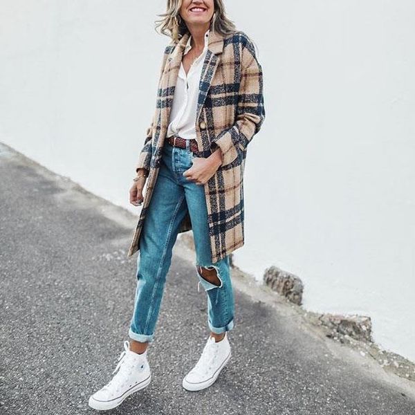 

fancy casual womens loose single breasted plaid blend woolen outwear relaxed check wool shackets streetwear jackets sou1, Black