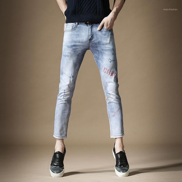

blue letter printed ripped men jeans summer causal slim fit ankle-length pants1