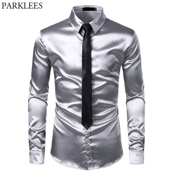 

2pcs silver silk shirt+tie mens satin smooth tuxedo shirts casual button down men dress shirts wedding party prom chemise homme y200408, White;black