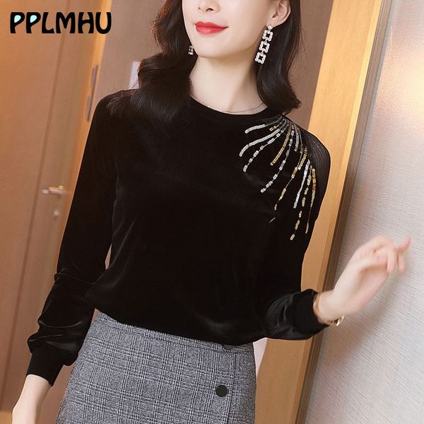 

women velvet shirts spring autumn casual shirts lace embroidery sequined glitter plus size 5xl 4xl t shirt long sleeves clothes 201125, White