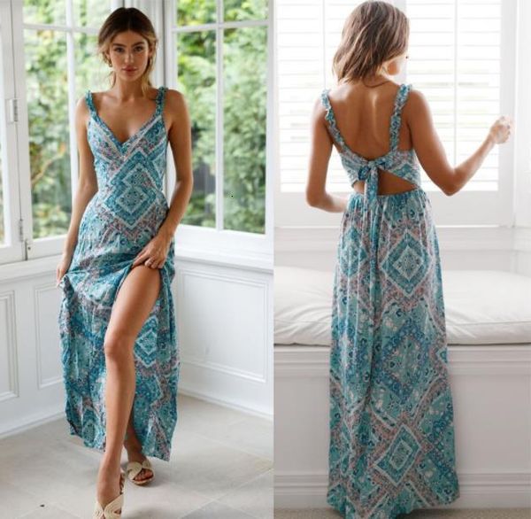 

2021 new bohemian summer v-neck back hollow out bow lace-up maxi women robe femme jurken casual beach es mozs, Black;gray