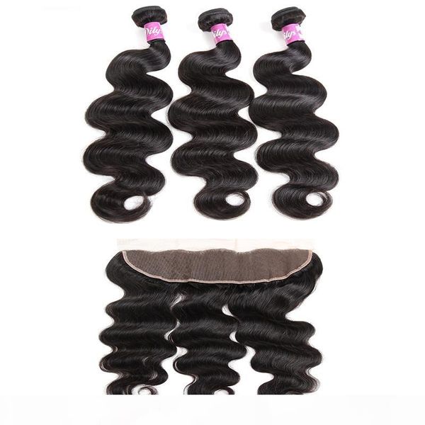 

dilys body wave hair bundles with ear to ear hair closure brazilian peruvian human hair extensions natural color 8-28 inches, Black