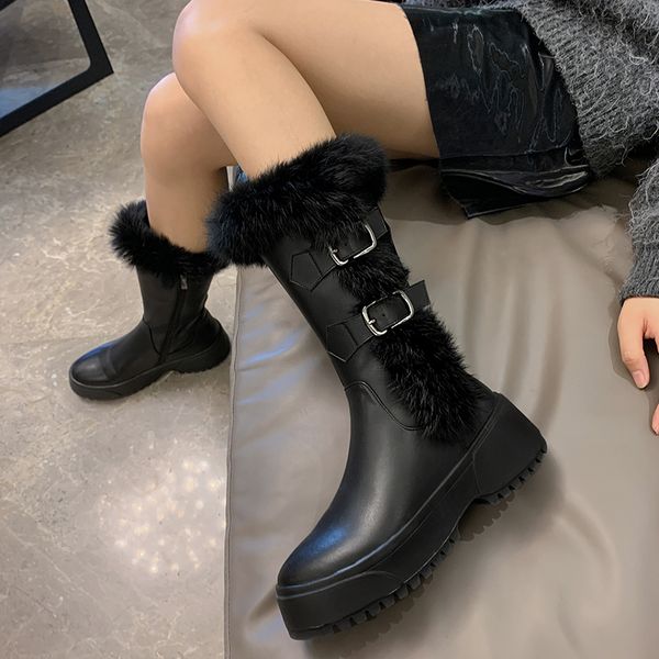 

cow + rabbit skin stuffed leather winter with side zipper boots x4j3, Black