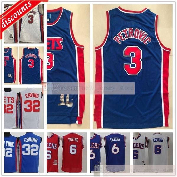 

retro mens alex 3 petrovic jersey basketball julius 32 erving blue white red 6 erving jersey size s-xxl, Black;red