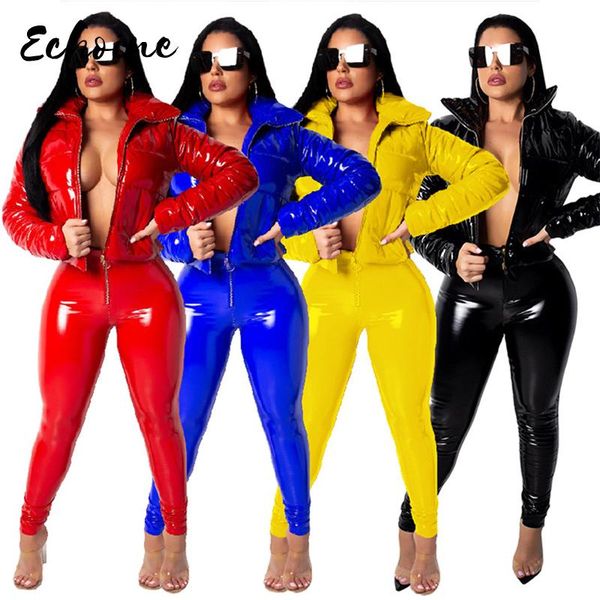 

women parkas women fashion long sleeve glossy leather bread down jacket zipper pockets coat winter jacket plus size s-3xl, Black