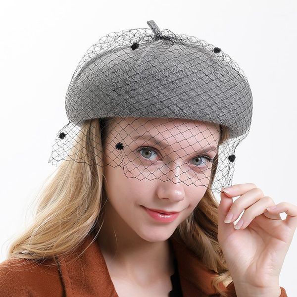 

2020 new ladies hat autumn and winter retro mesh beret women banquet high-end fashion and elegant personality wool painter hat1, Blue;gray