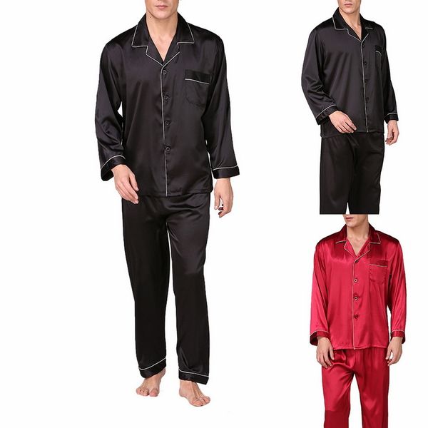 

men's stain silk pajama set men's sleepwears men soft homme cozy satin nightgown casual lounge pajama nightwear q1216, Black;white