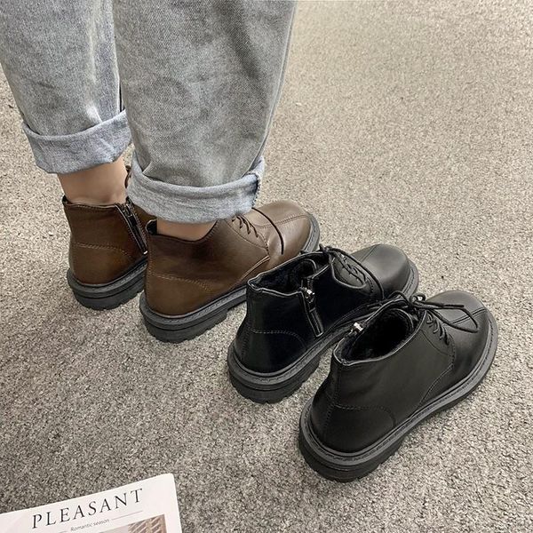 

lace up lady boots round toe women's low shoes boots-women luxury designer flat heel ankle rubber 2020 fashion autumn rock rome1, Black