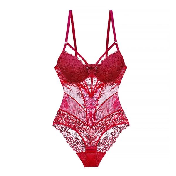 Sexy Body Frauen Push Up Strappy Cup Underwire Hollow Out Back Blumenmuster Bodysuit Frauen Dessous BH mit zu öffnendem Schritt 201222