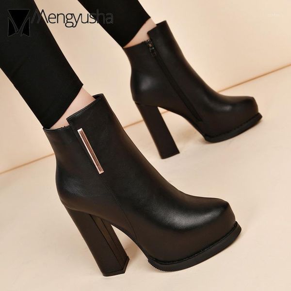 

12cm high heels winter boots women pointed toe metal decoration platform leather ankle booties zip open botas mujer on pumps20201, Black