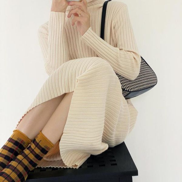

heavy padded mid-length over-the-knee sweater dress women's half high neck knit bottoming 2020 autumn and winter xs2027, Black;gray
