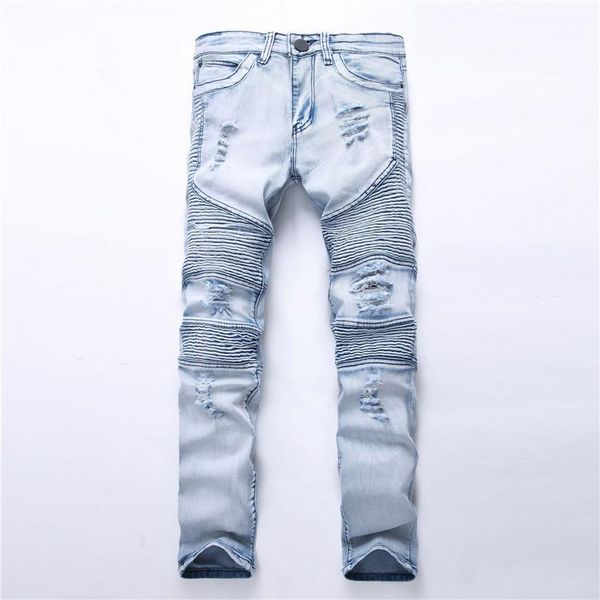 

new men biker jeans ripped denim slim fit motorcycle pant classic hip hop skinny casual winter stretch jeans1, Blue