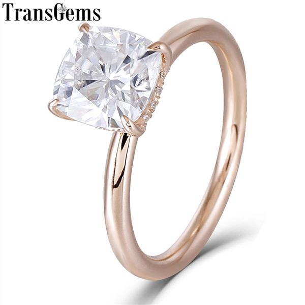 Transgems Anello nuziale di fidanzamento con diamante Moissanite taglio cuscino in oro rosa/rosso 14K 585 da 1,5 ct 7 mm F per donna con accenti Y200620