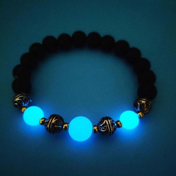 

lava fashion elastic natural string beads stone luminous fluorescence bracelet glow in the dark for men women wevj#, Black