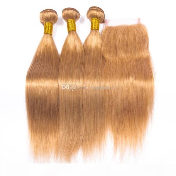 

#27 honey blonde brazilian virgin hair silky straight weave 3 bundles with lace closure strawberry blonde human hair weaves with 4x4 closure, Black