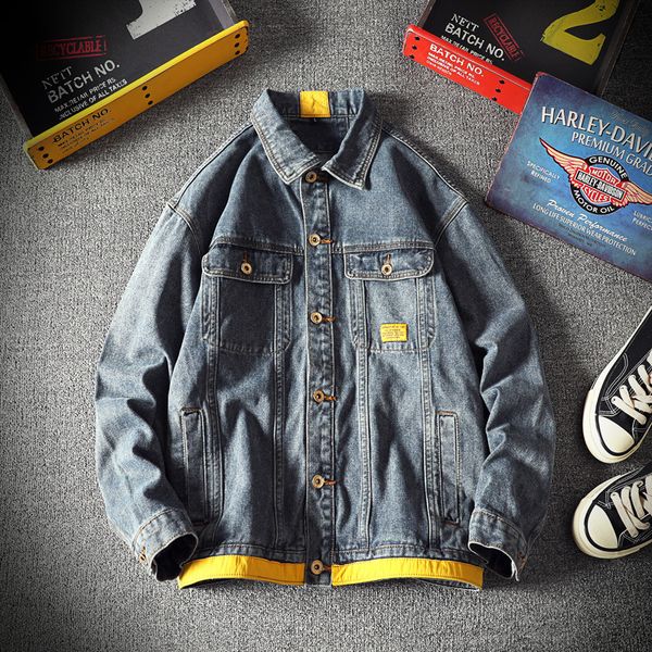 

2021 new retro dos homens hip hop jeans casual bombardeiro jaqueta retalhos masculino carta denim gnd2, Black;brown