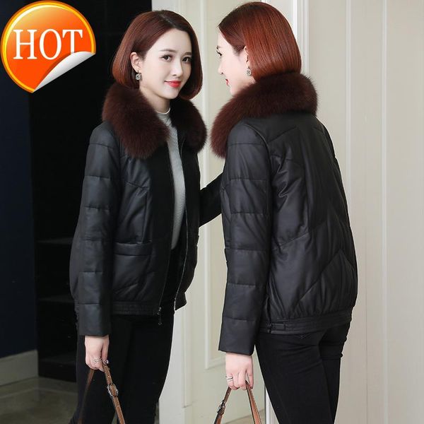 

women's leather & faux haining coat down jacket short 2021 winter warm fur collar sheepskin, Black