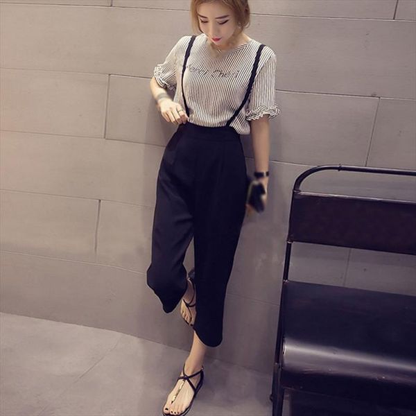 

женщины cousssit женщины футболки брюки устанавливает летние повседневная шифон с коротким рукавом полосатый мода верхний костюм, Gray