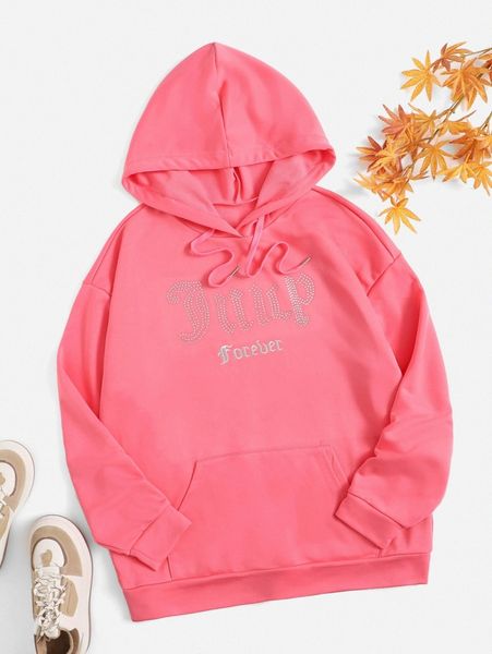 

letter embroidered rhinestone kangaroo pocket drawstring hoodie n0vr#, White;black