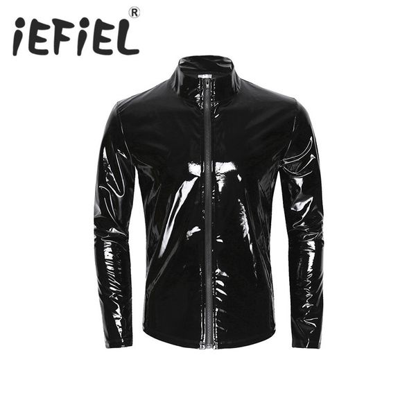 

iefiel long sleeve patent leather men shiny metallic front-zip stand collar wet look nightclub style shirt party costumes c1211, White;black