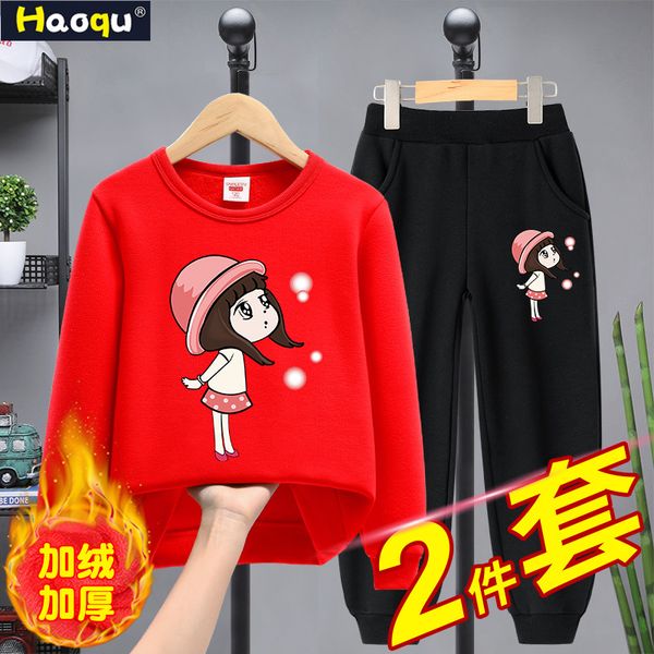 

girls' suit winter plush thickening children's foreign style casual round neck sweater, White