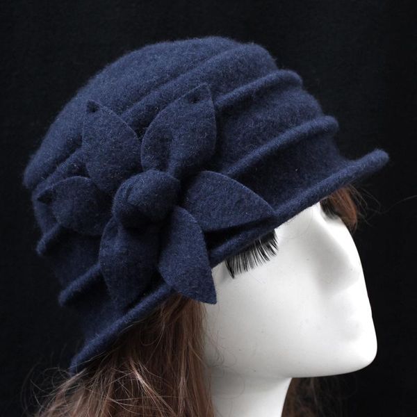 

stingy brim hats women ladies vintage elegant flower felt hat cap solid color warm for winter outdoor ty66, Blue;gray