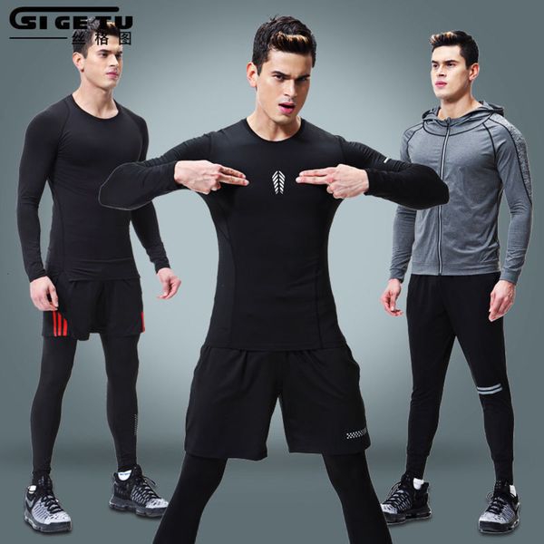 

autumn men's sports winter high suit elastic tight pro quick dry sweat training fitness running clothes long sleeves, Gray