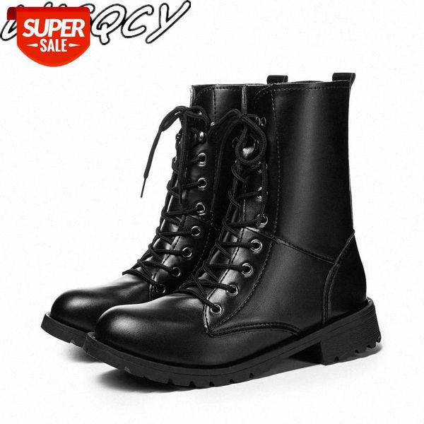 

2019 trend leather high-knight boots plus velvet to keep warm zapatos de mujer lace-up round toe black cool motorcycle boots #am3m