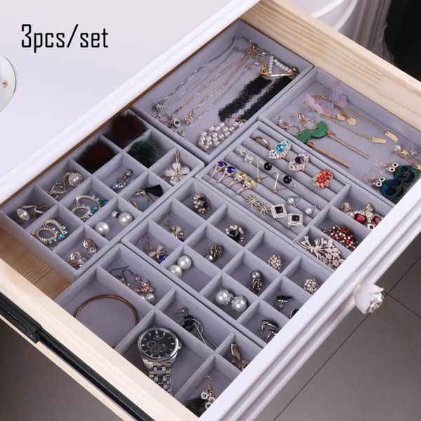 

3pcs velvet jewelry display organizer ring case tray holder necklace earrings bangle storage box showcase jewellery stand holder, Pink;blue
