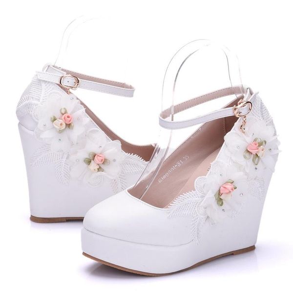 

fashion women shoes flower pumps dress buckle strap round toe wedges .8cm high heels women's wedding shoes, Black