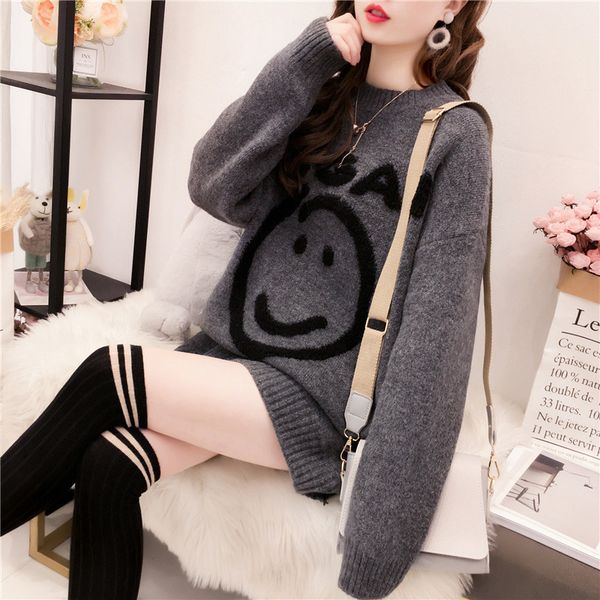 

girl round neck loose knit sweater female long sleeve cartoon smiley lazy wind pullover sweater women ruched 2020 spring c1120, White;black
