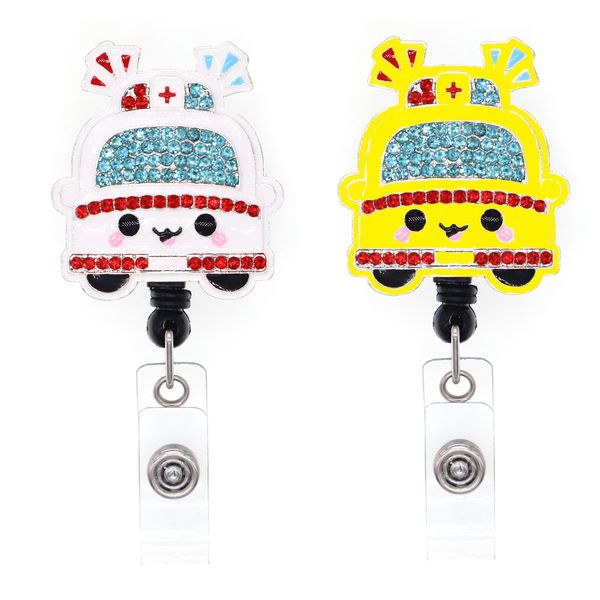 

key rings cute yellow/white ambulance rhinestone retractable medical id badge holder yoyo pull reel doctors name card for gift, Slivery;golden