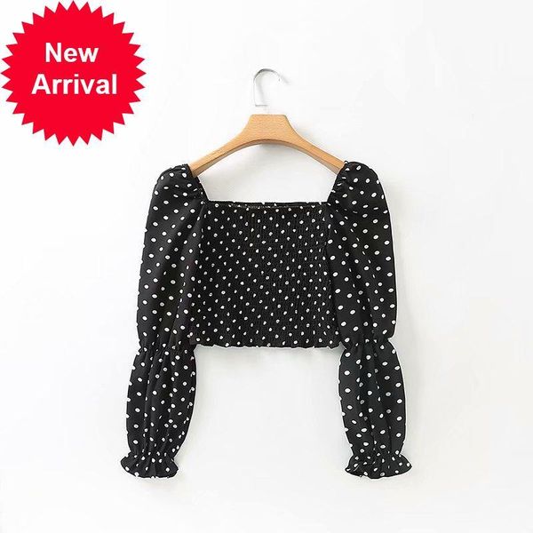 

2021 new beginning spring lane new elegant neck square polka dot blouse long sleeve fashion temperament smooth shirt b183, White