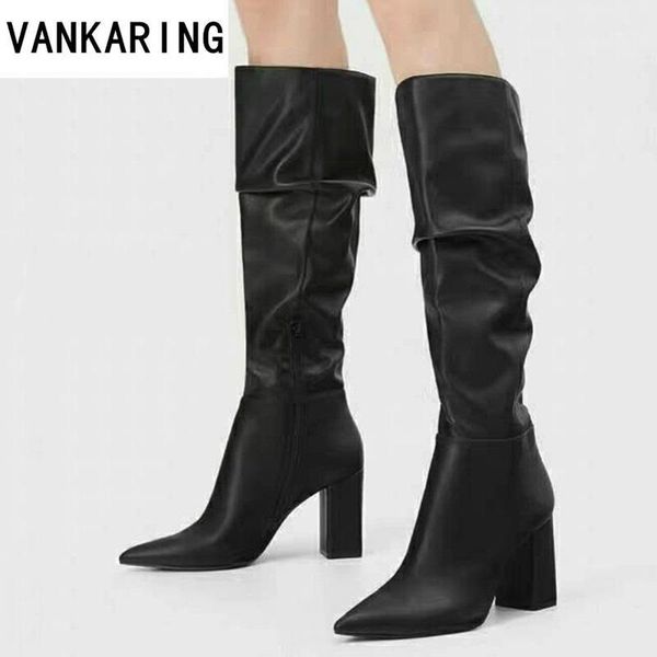 

2020 brand designer women knee high boots black soft leather pointed toe boots women long chunky block high heel riding1