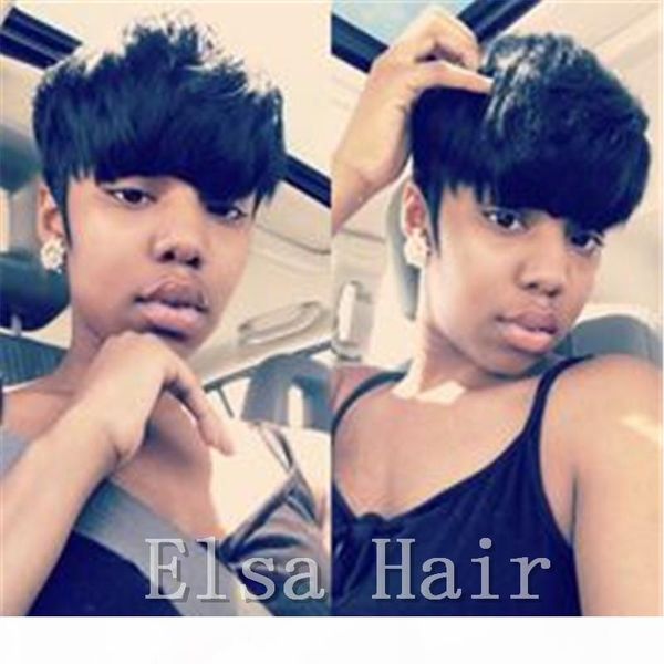 

short pixie cut wigs for black women 100% human hair wig with bangs brazilian remy human hair straight none lace wigs, Black;brown