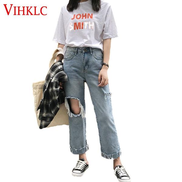 

large size hole jeans women fat loose 2020 spring autumn students straight pants waist thin nine wide leg pants tide x77, Blue