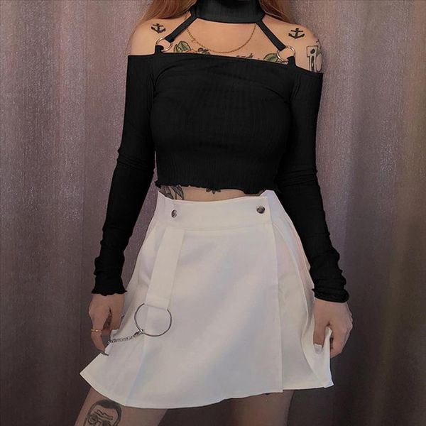 

2019 new autumn off shoulder crop long sleeve solid slim short t shirts for halter women clothing fashion t shirts, White