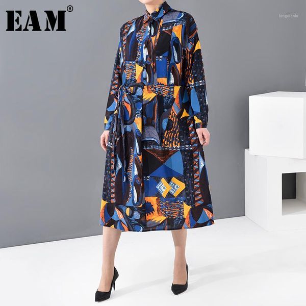 

eam] women blue pattern printed big size shirt dress new lapel long sleeve loose fit fashion tide spring autumn 2020 ji485051, Black;gray