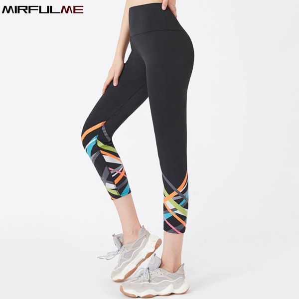 

sport leggings women cropped yoga pant stripe print elastic high waist capris 3/4 running trouser female crop gym fitness tights y200328, Black