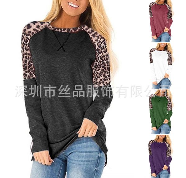 

spring new women's leopard print contrast stitching round neck loose long sleeve t-shirt, Black;brown