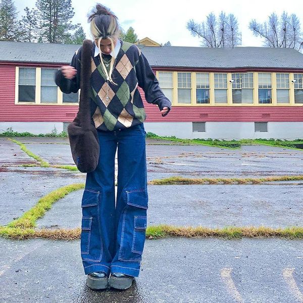 

women's pants & capris fashion straight denim high waist pockets loose women's trousers cargo women casual jeans bottom pantalon1, Black;white