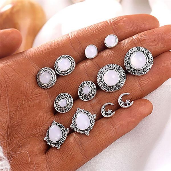 

stud 6 pairs/set bohemian moon star stone earrings set for women 2021 statement handmade round earring bijoux femme jewelry gift, Golden;silver